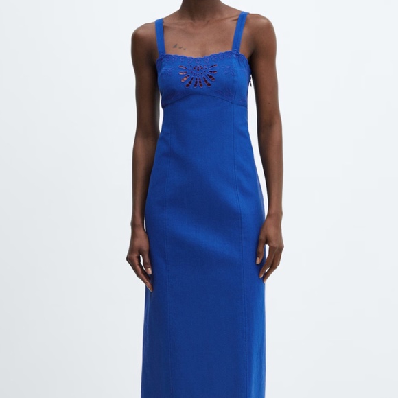 Mango Eyelet Embroidered Blue Midi Dress - Picture 1 of 4